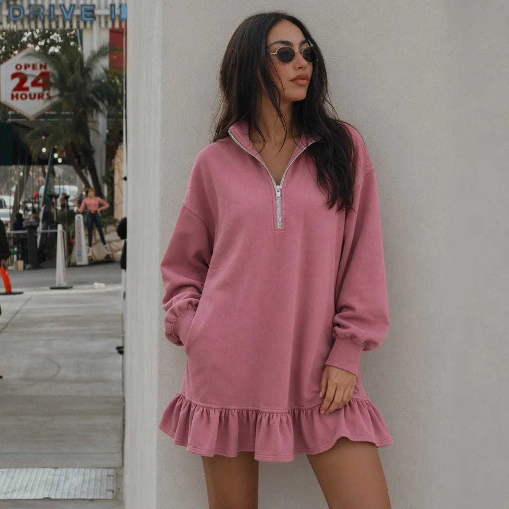 Zekye European and American Summer Solid Color Fashion Half Zipper Stand-up Collar Loose Casual Women's Dress Explosion